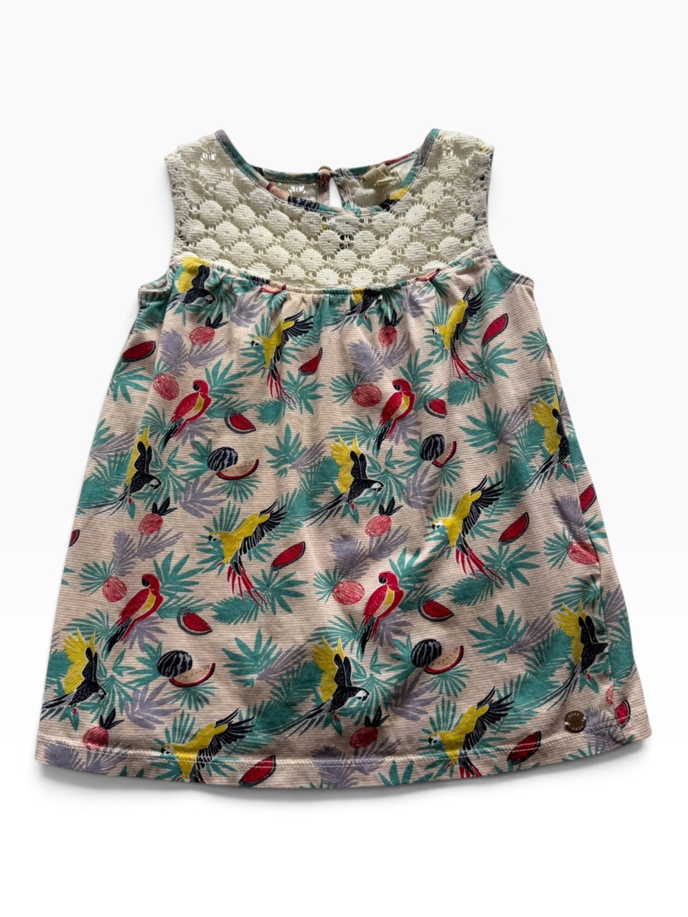 Roxy Girls Sleeveless Parrot Print Dress - Cream, Teal & Yellow